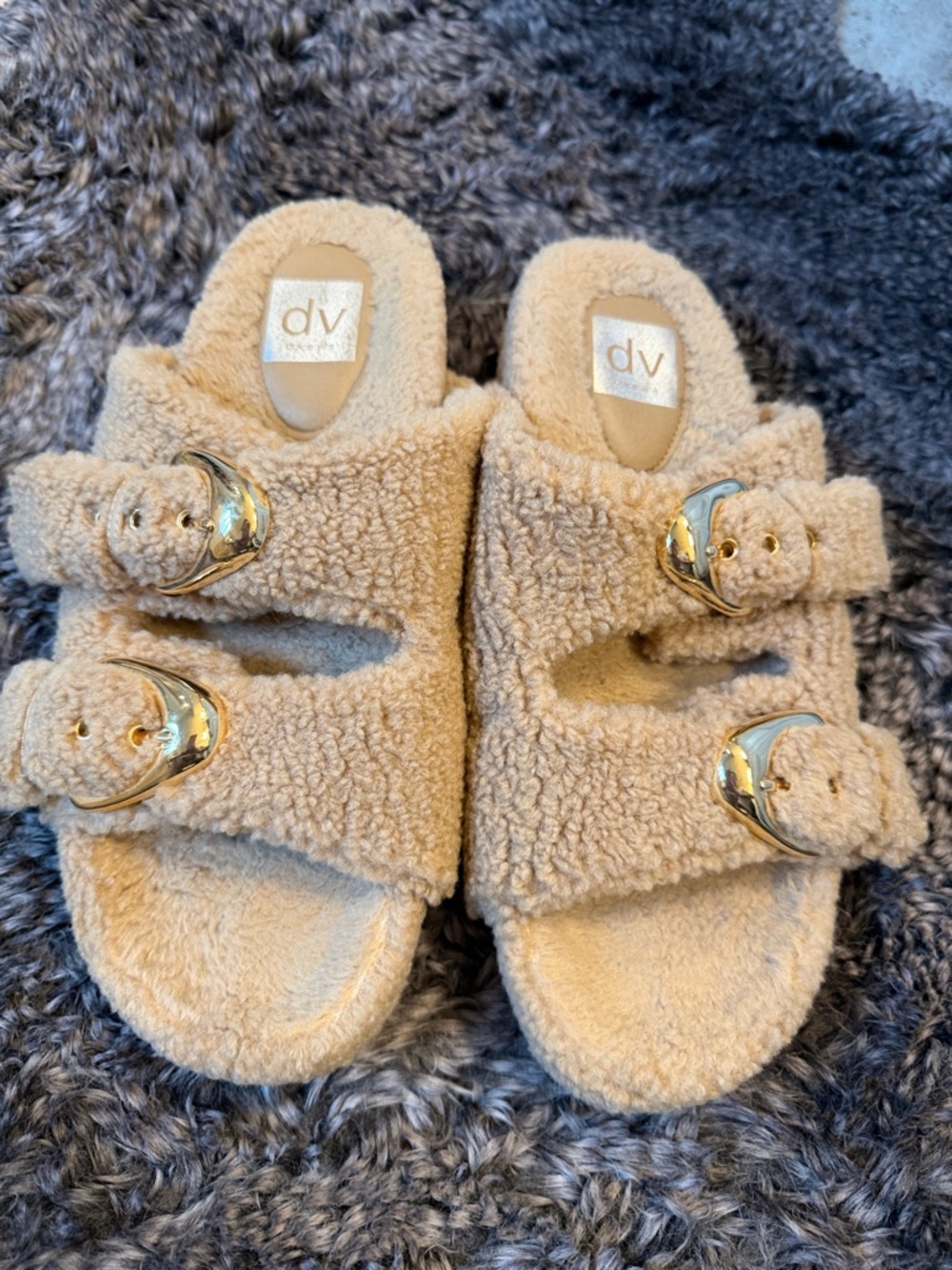DV by Dolce Vita Kids Cream Sherpa Slide Sandals with Gold Buckles